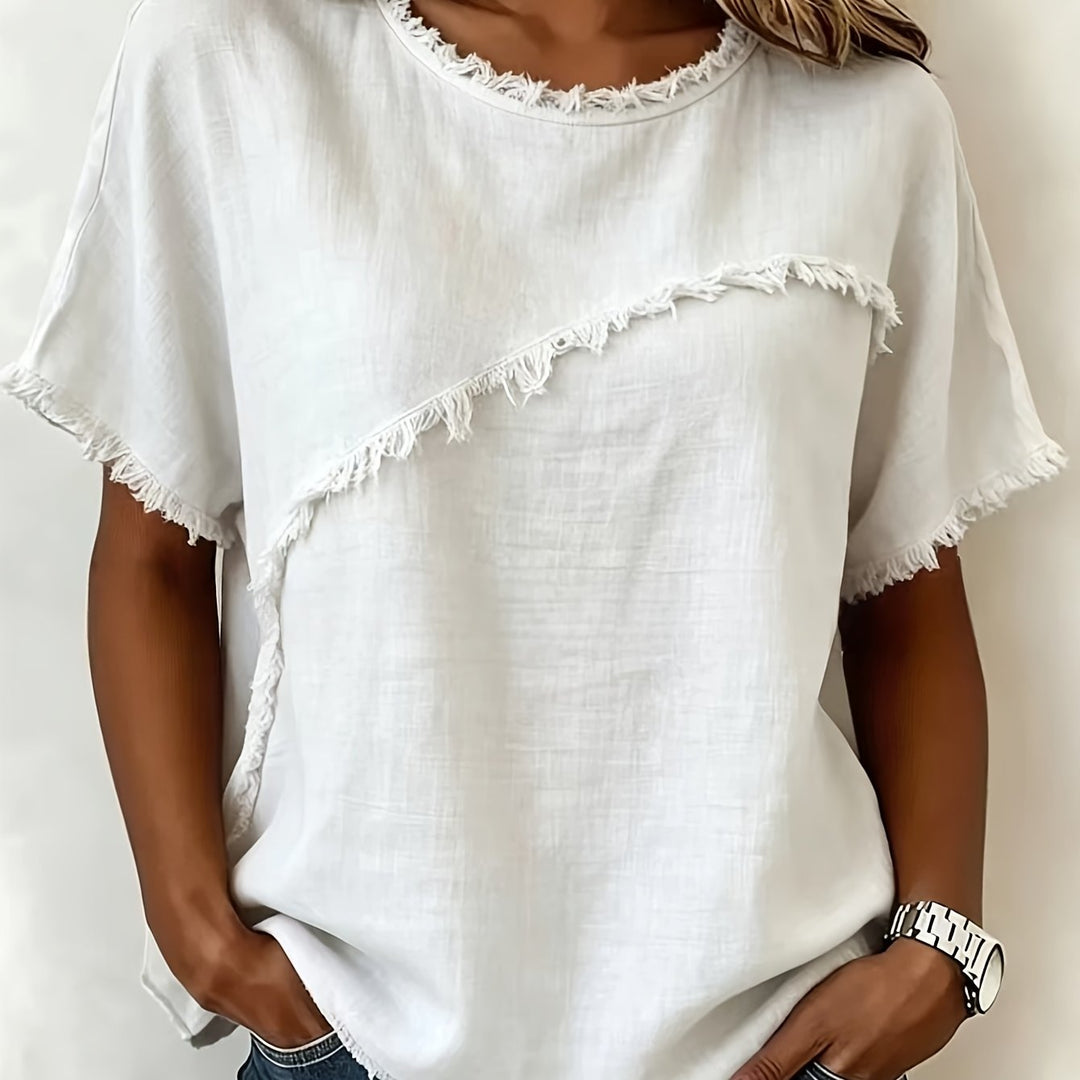 2026 Women'S Spring/Summer New Arrival: Round-Neck Short-Sleeve Fringed Patchwork -Linen Shirt