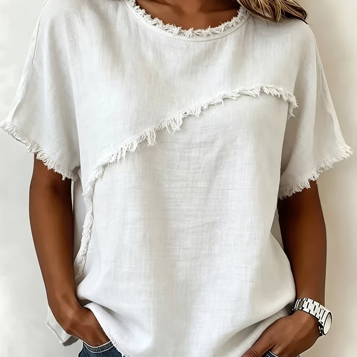 2026 Women'S Spring/Summer New Arrival: Round-Neck Short-Sleeve Fringed Patchwork -Linen Shirt
