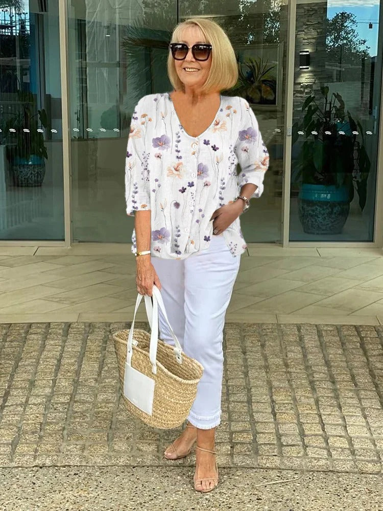 Alisa™ | Floral Button-Up Blouse with Soft Tummy Drape