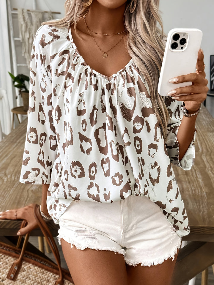 Khaki Leopard Print Deep V-neck Twill 3/4 Sleeve Shirt