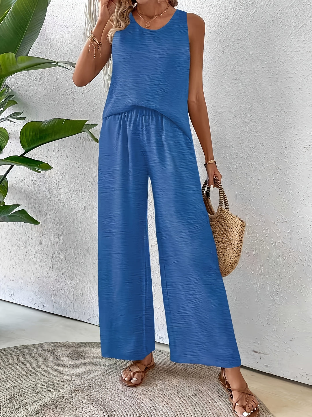 Elegant Exclusive Vacation Solid Color Sleeveless Top and Wide-Leg Pants