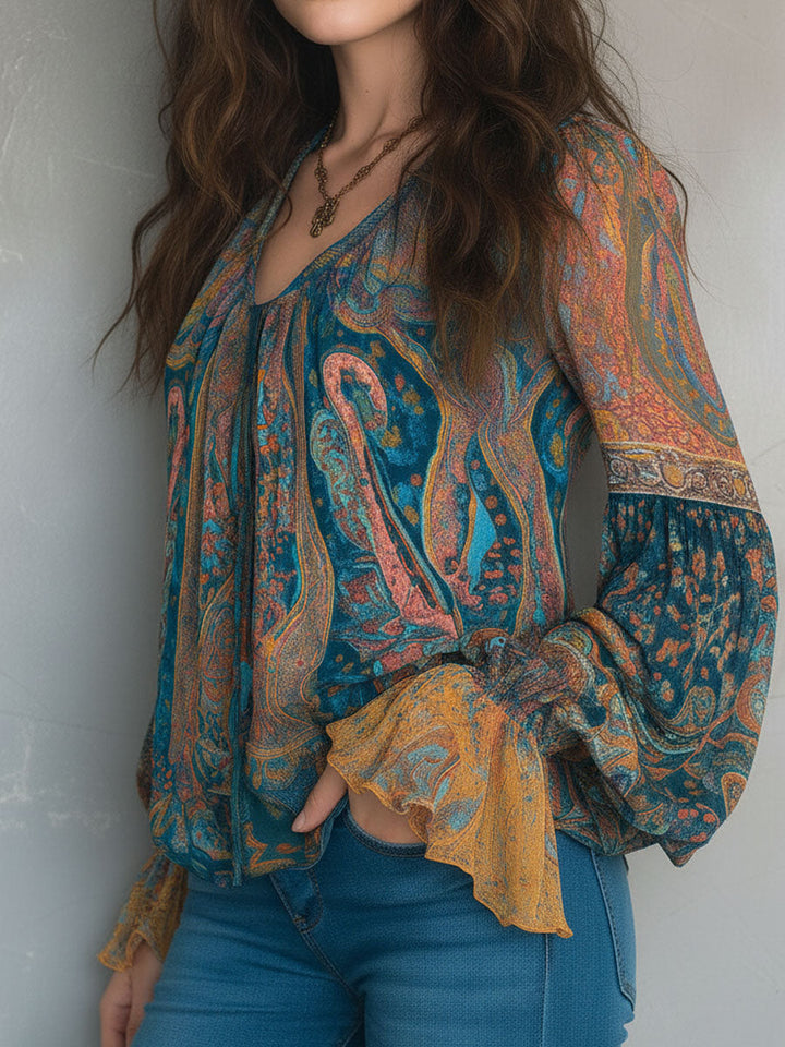 Phyllis™ | Bohemian Paisley Blouse with Ruffled Cuffs