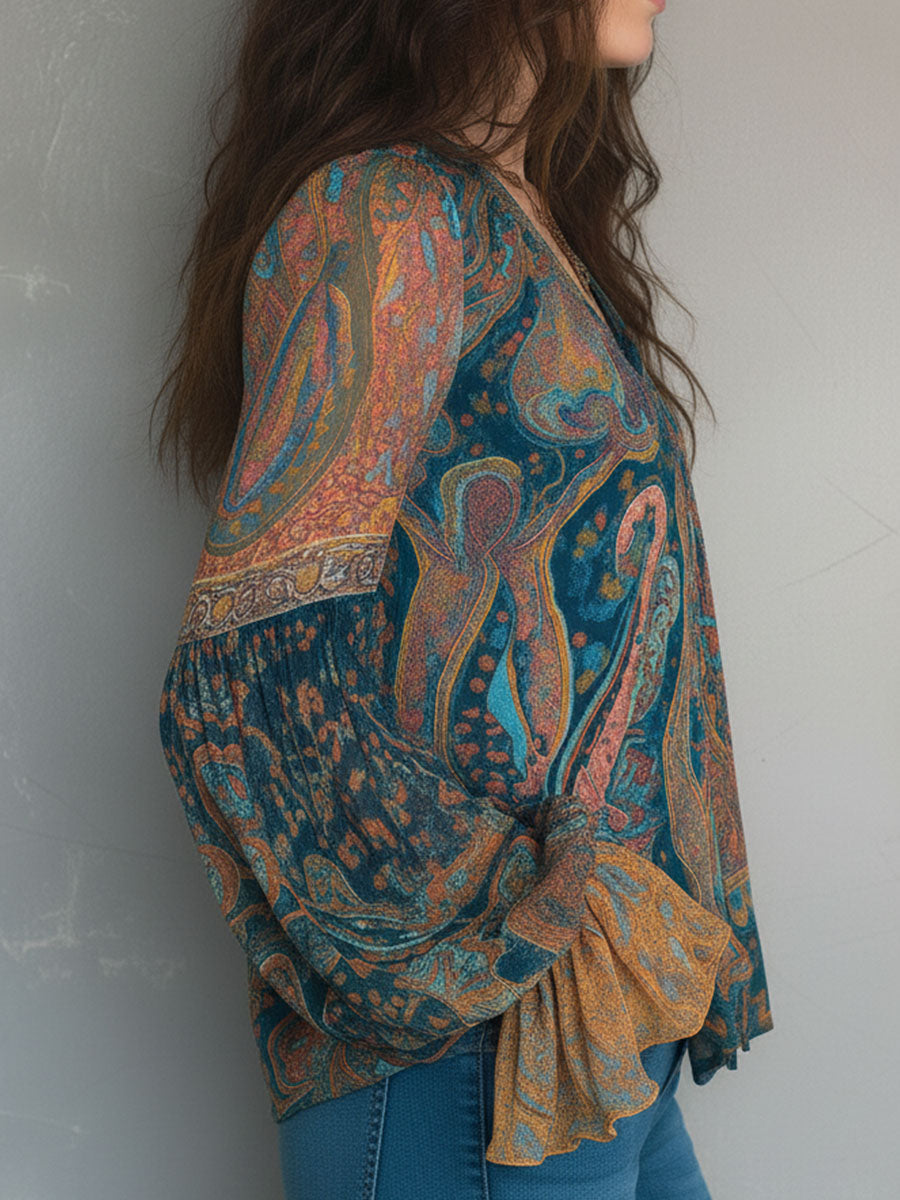 Phyllis™ | Bohemian Paisley Blouse with Ruffled Cuffs