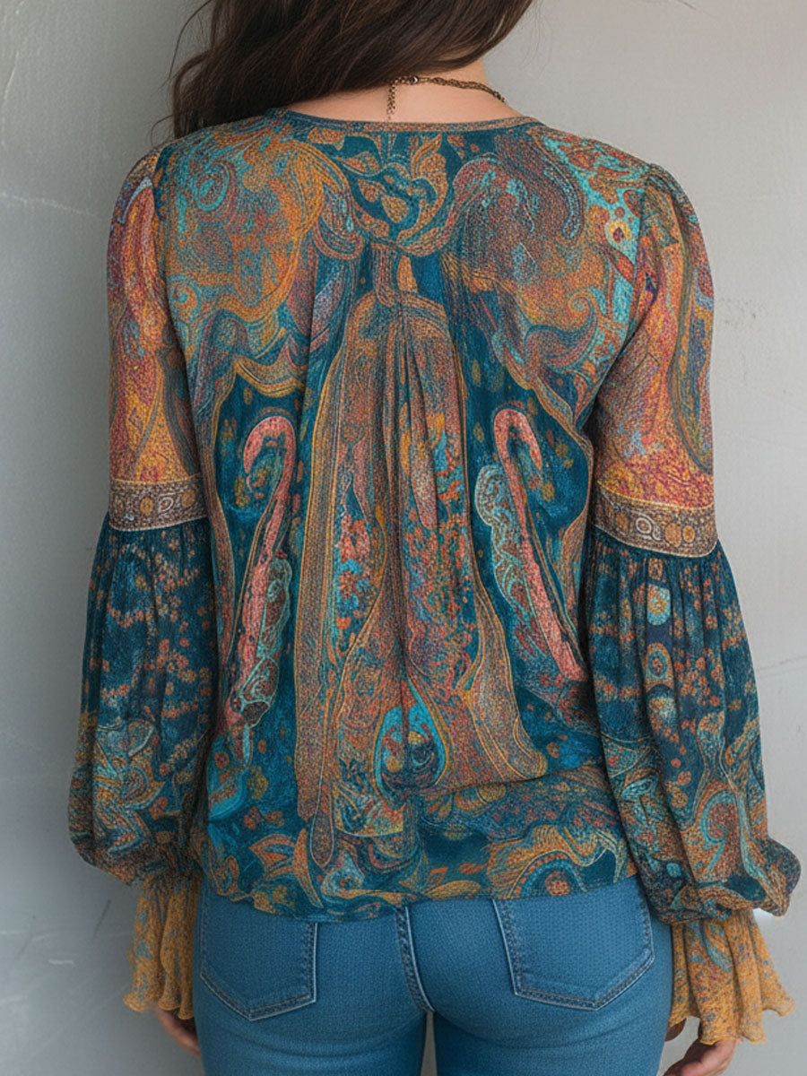 Phyllis™ | Bohemian Paisley Blouse with Ruffled Cuffs