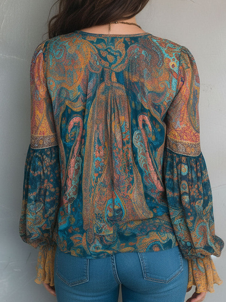 Phyllis™ | Bohemian Paisley Blouse with Ruffled Cuffs