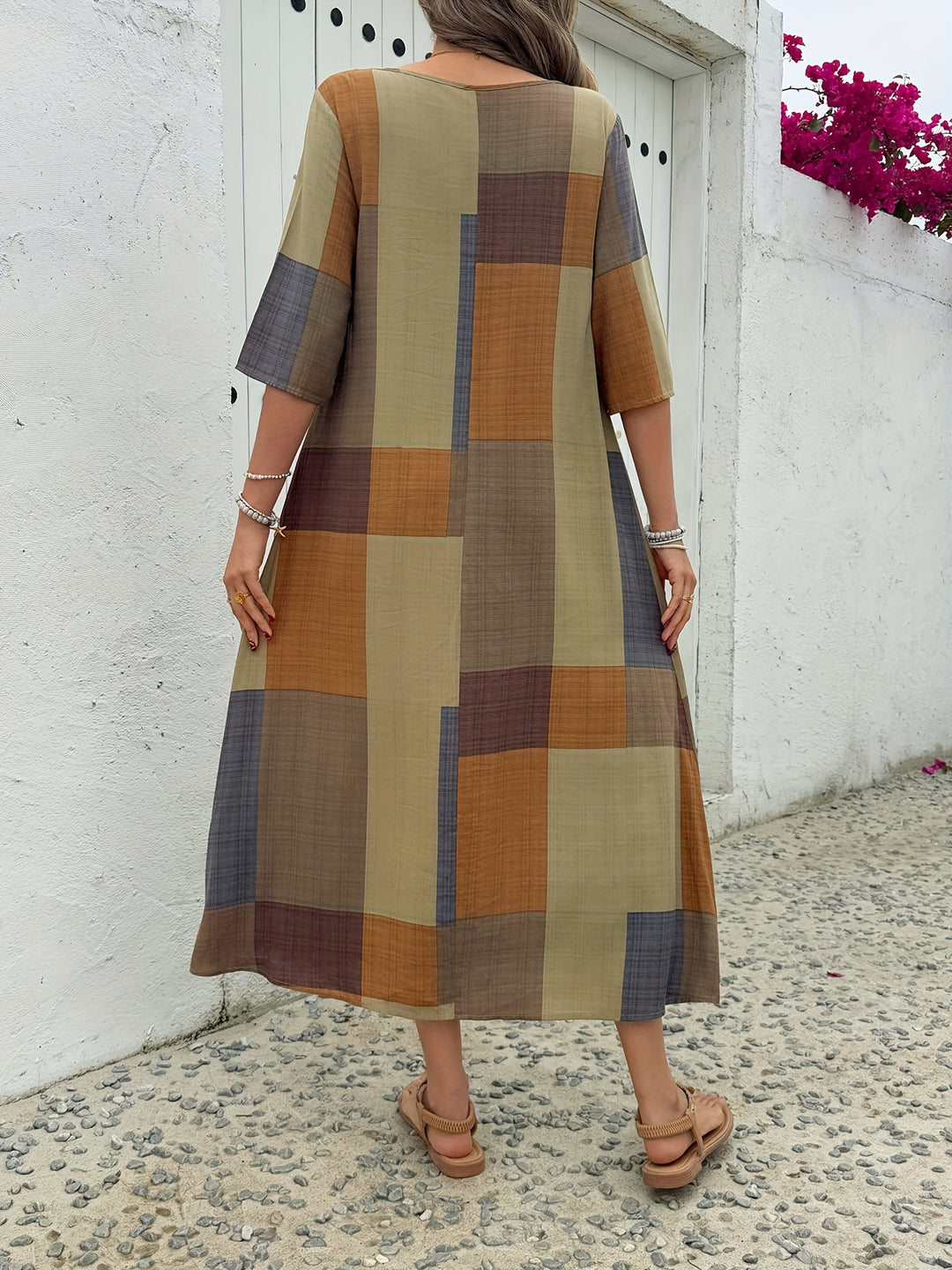 Sienna™ | Earthy Plaid Midi Dress with 3/4 Sleeves