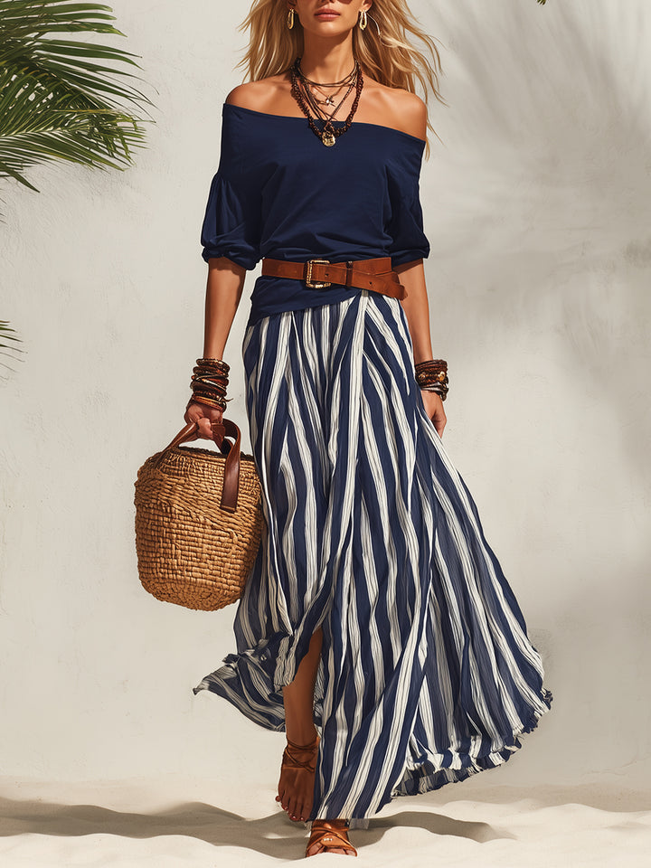 Stella™ | Flowing Two-Piece Set – Off-Shoulder Top & Striped Maxi Skirt