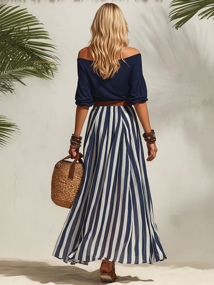 Stella™ | Flowing Two-Piece Set – Off-Shoulder Top & Striped Maxi Skirt
