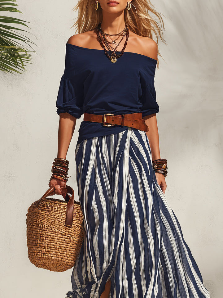 Stella™ | Flowing Two-Piece Set – Off-Shoulder Top & Striped Maxi Skirt