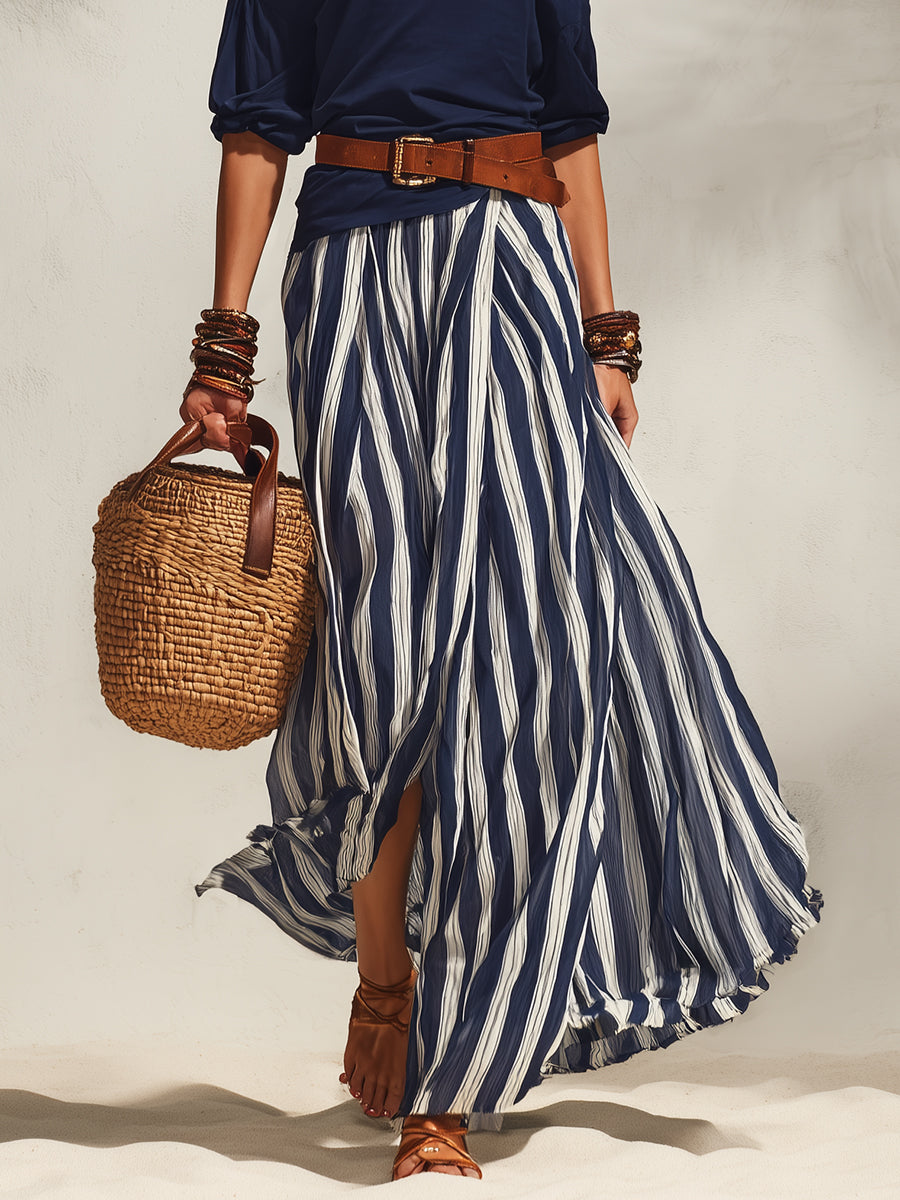 Stella™ | Flowing Two-Piece Set – Off-Shoulder Top & Striped Maxi Skirt