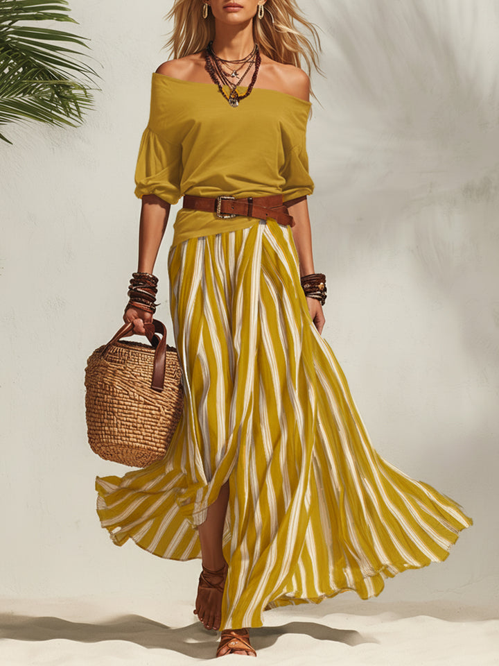 Stella™ | Flowing Two-Piece Set – Off-Shoulder Top & Striped Maxi Skirt