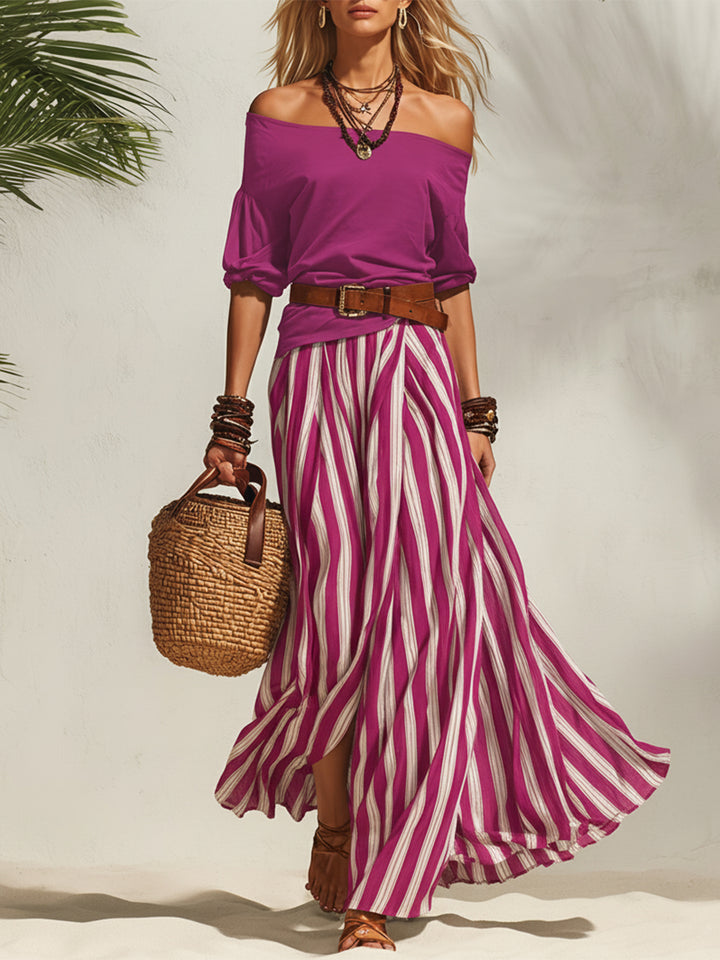 Stella™ | Flowing Two-Piece Set – Off-Shoulder Top & Striped Maxi Skirt