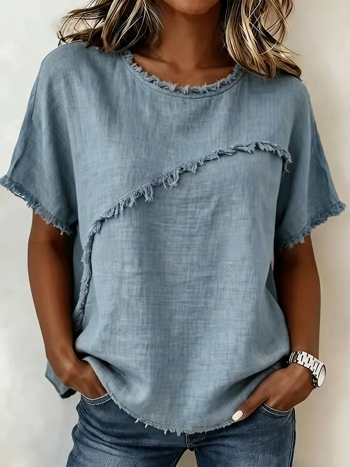2026 Women'S Spring/Summer New Arrival: Round-Neck Short-Sleeve Fringed Patchwork -Linen Shirt