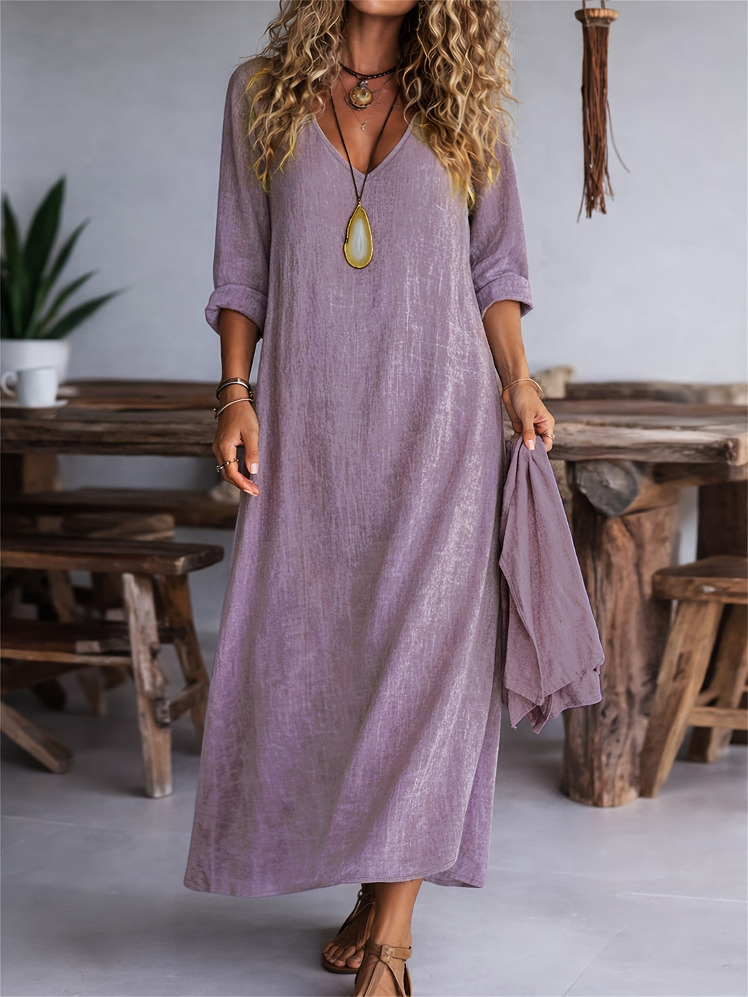 Women's V-neck Long Sleeve Solid Color Casual Loose Dress