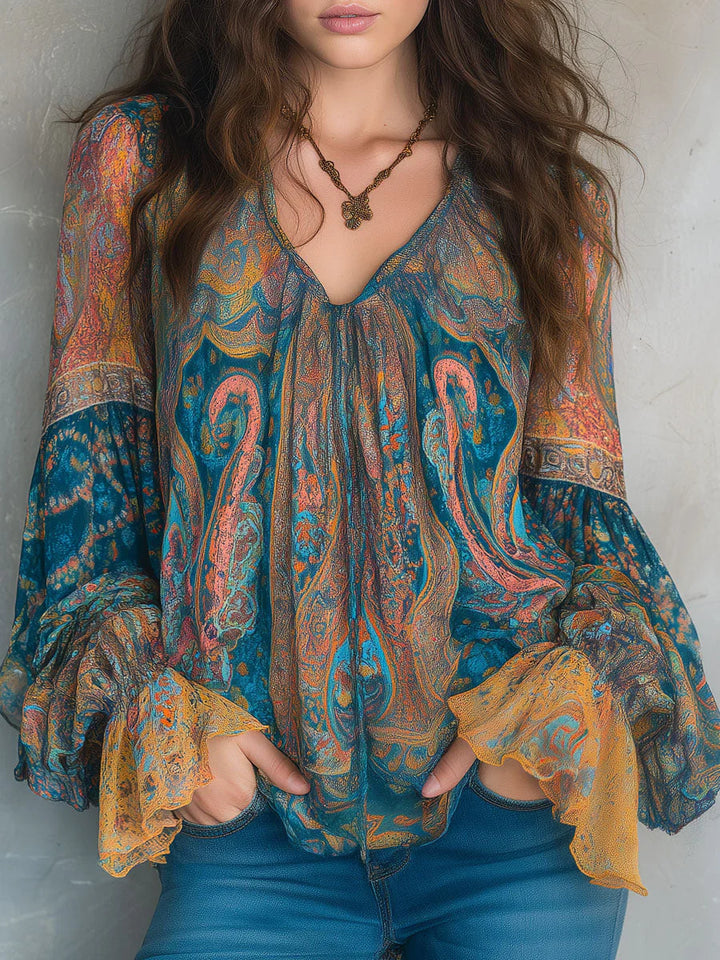 Phyllis™ | Bohemian Paisley Blouse with Ruffled Cuffs