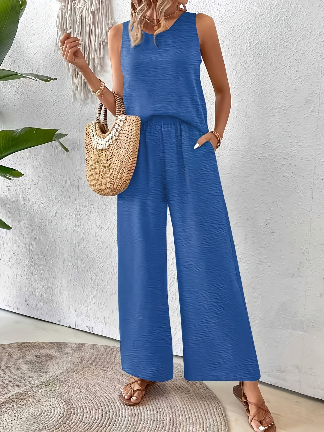 Elegant Exclusive Vacation Solid Color Sleeveless Top and Wide-Leg Pants