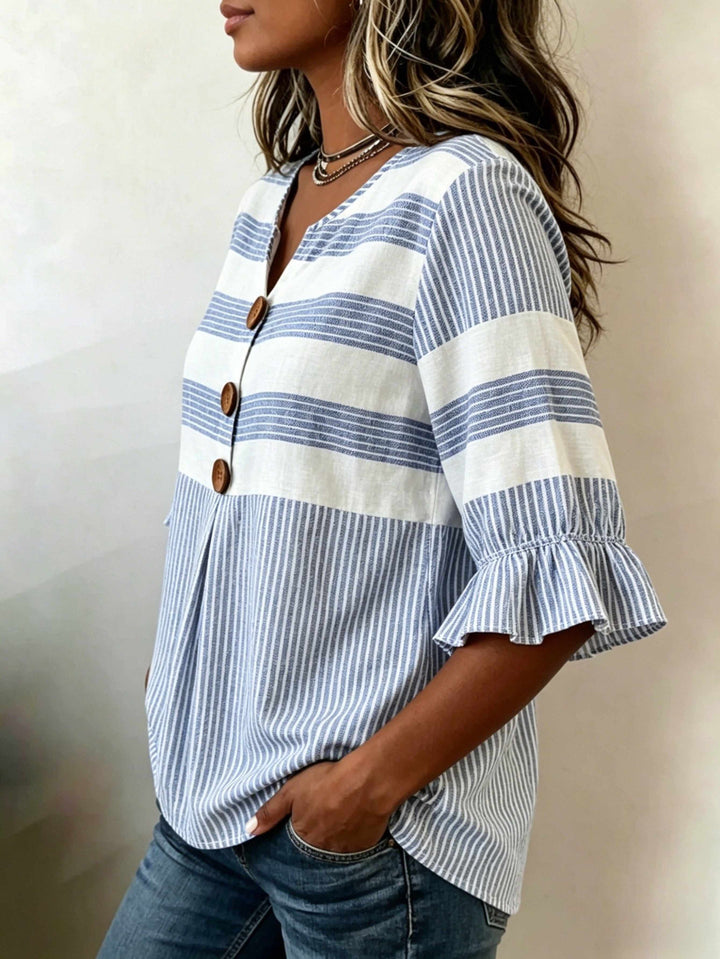 Hazel™ | Striped V-Neck Button Blouse