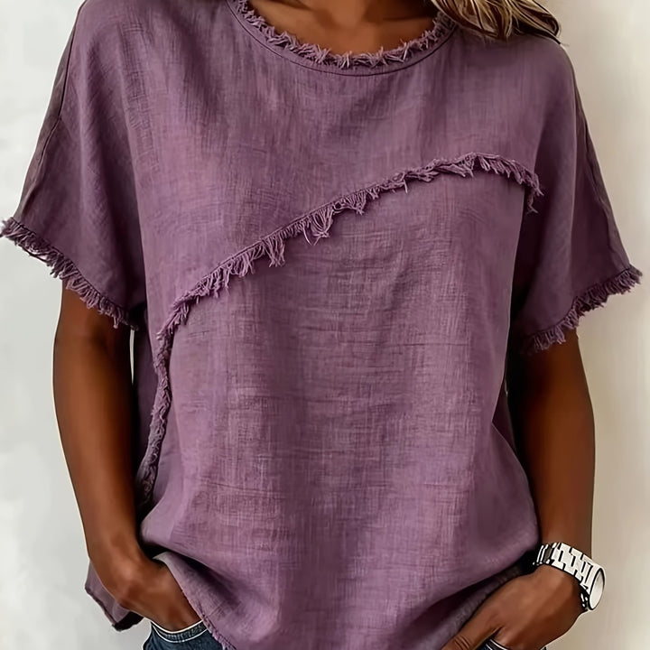 2026 Women'S Spring/Summer New Arrival: Round-Neck Short-Sleeve Fringed Patchwork -Linen Shirt