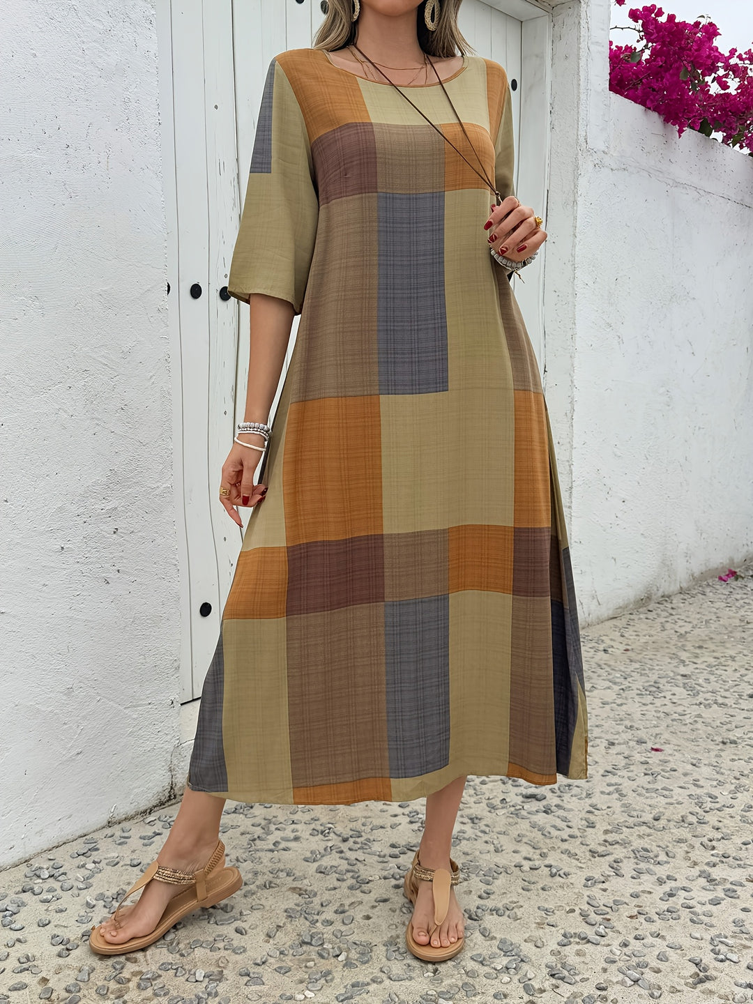 Sienna™ | Earthy Plaid Midi Dress with 3/4 Sleeves