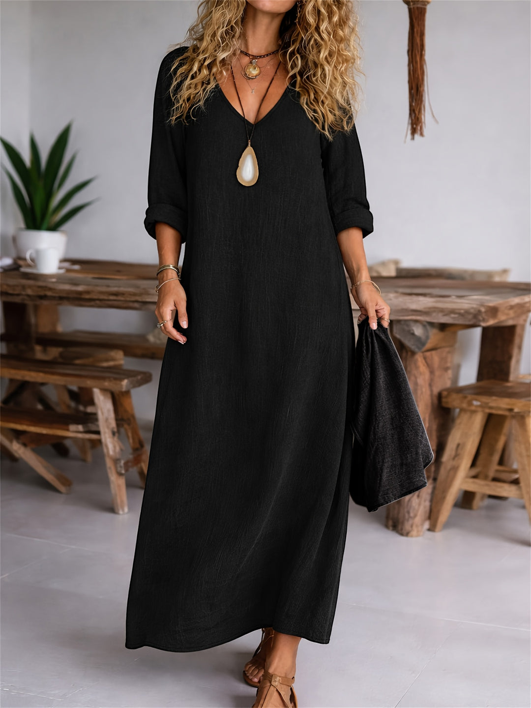 Women's V-neck Long Sleeve Solid Color Casual Loose Dress