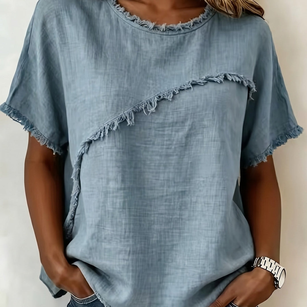 2026 Women'S Spring/Summer New Arrival: Round-Neck Short-Sleeve Fringed Patchwork -Linen Shirt