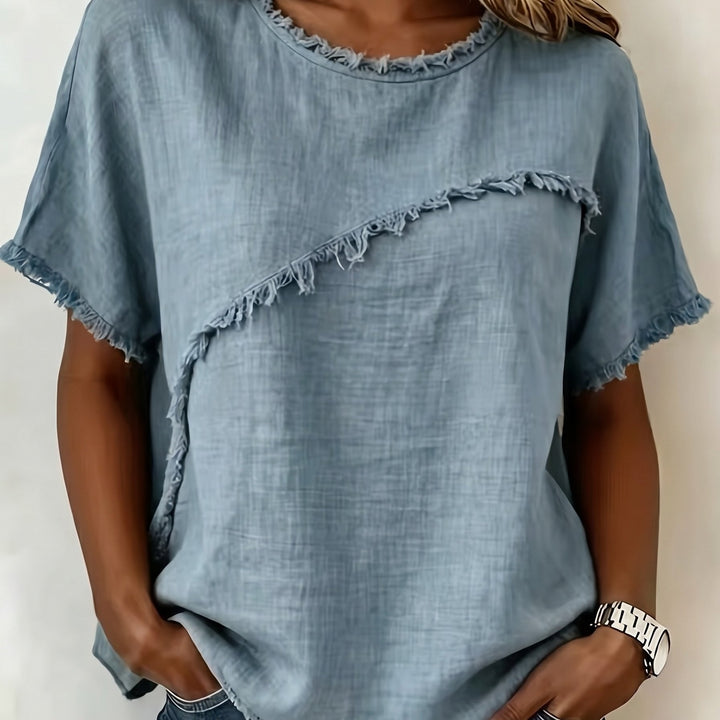 2026 Women'S Spring/Summer New Arrival: Round-Neck Short-Sleeve Fringed Patchwork -Linen Shirt