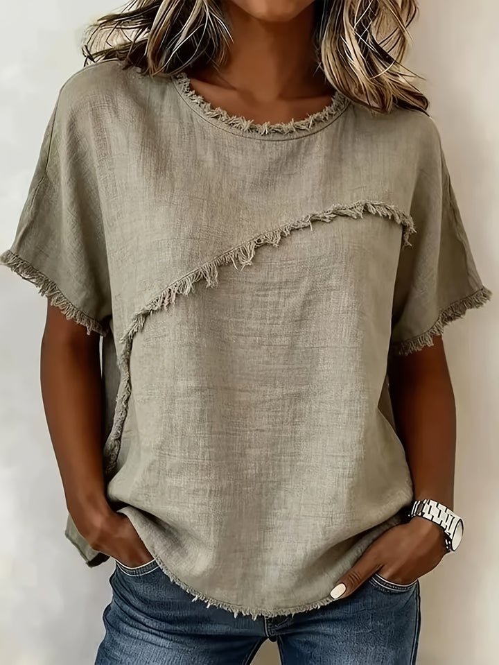 2026 Women'S Spring/Summer New Arrival: Round-Neck Short-Sleeve Fringed Patchwork -Linen Shirt