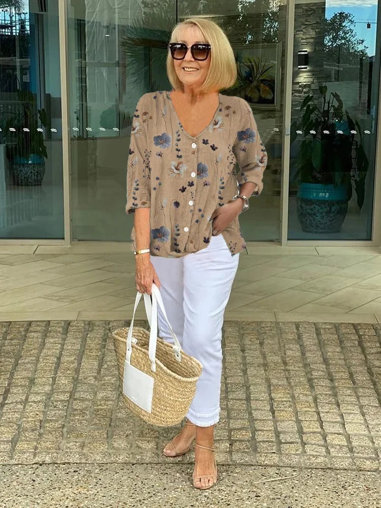 Alisa™ | Floral Button-Up Blouse with Soft Tummy Drape
