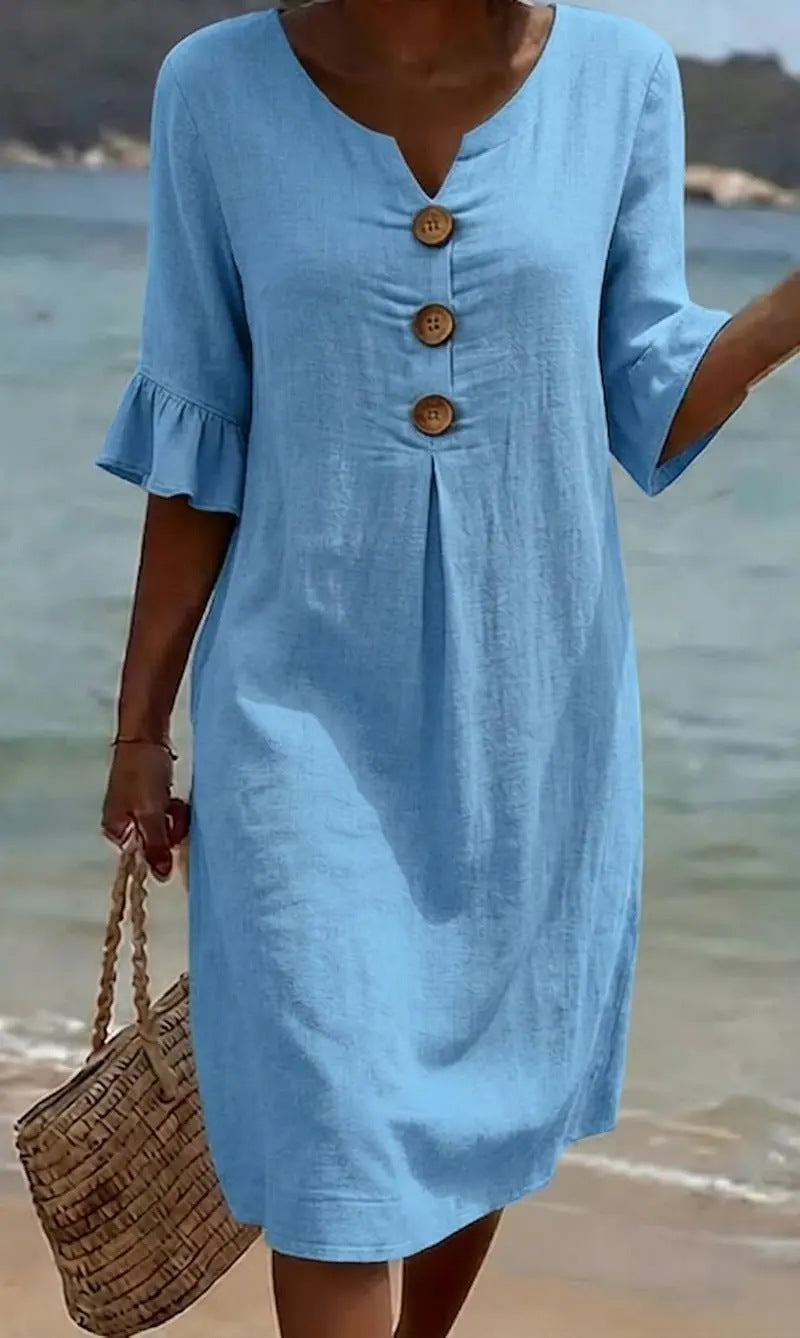 Camille™ | Buttoned Linen & Cotton Summer Dress