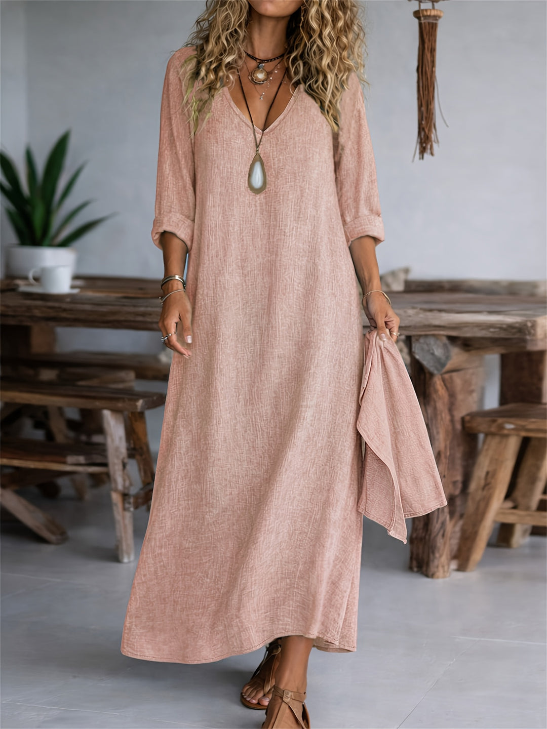 Women's V-neck Long Sleeve Solid Color Casual Loose Dress