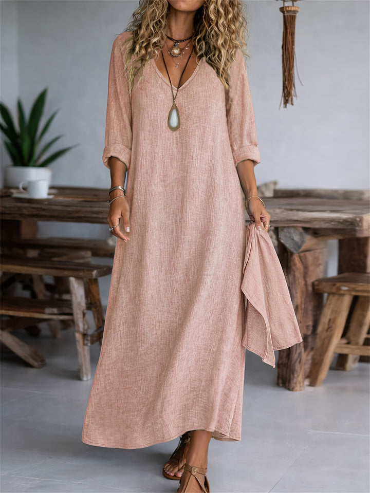 Women's V-neck Long Sleeve Solid Color Casual Loose Dress