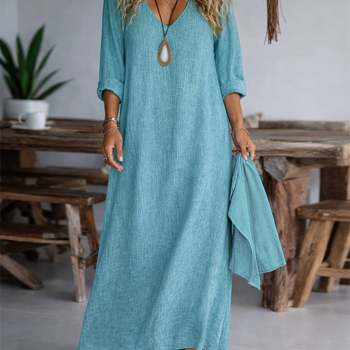 Women's V-neck Long Sleeve Solid Color Casual Loose Dress