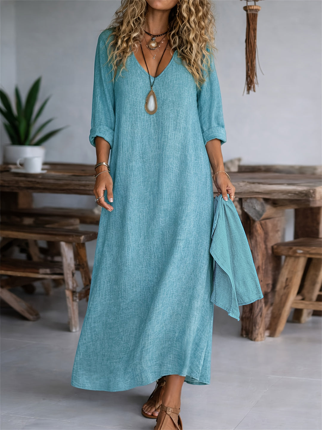 Women's V-neck Long Sleeve Solid Color Casual Loose Dress