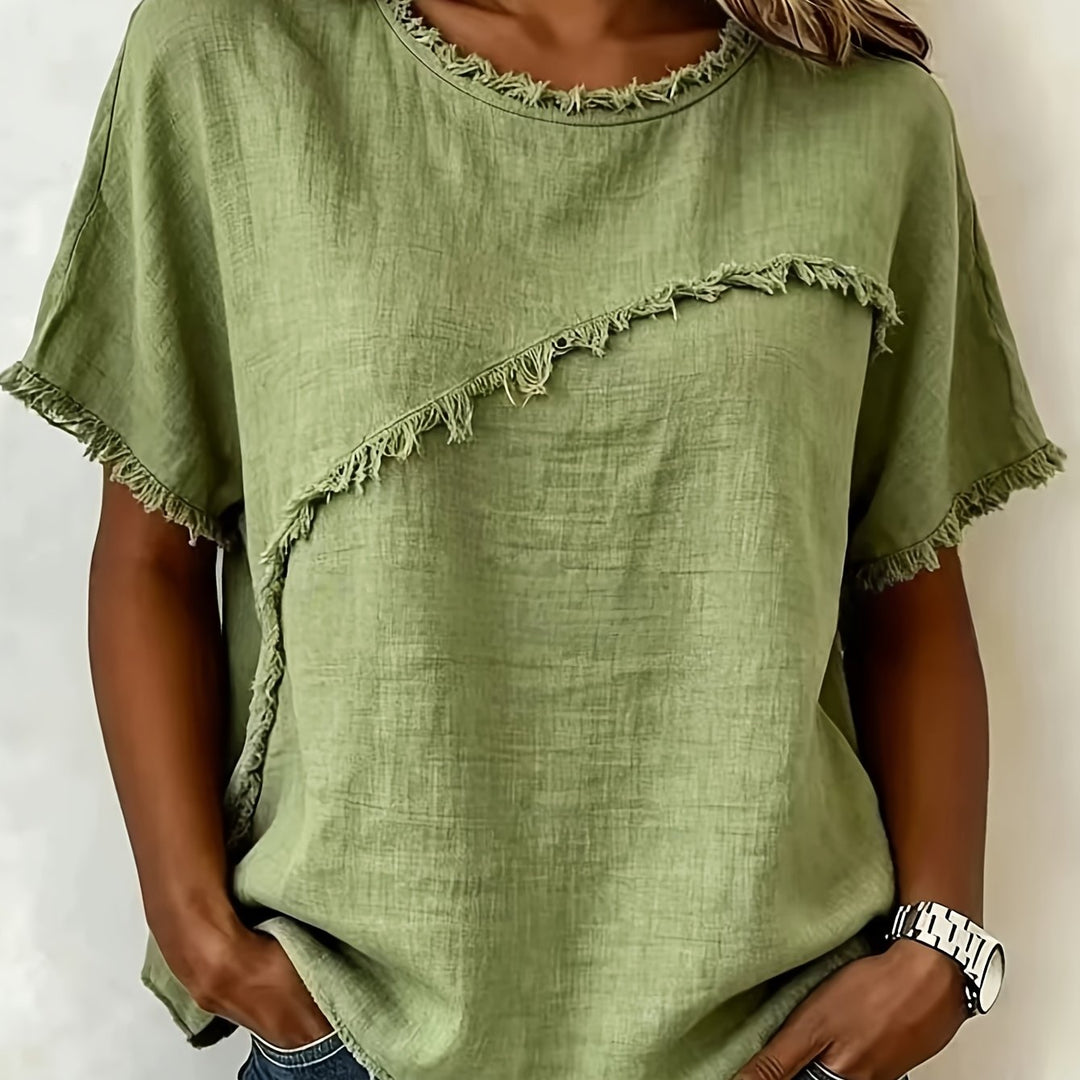 2026 Women'S Spring/Summer New Arrival: Round-Neck Short-Sleeve Fringed Patchwork -Linen Shirt