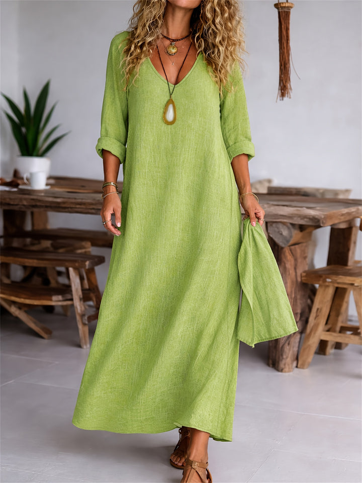 Women's V-neck Long Sleeve Solid Color Casual Loose Dress