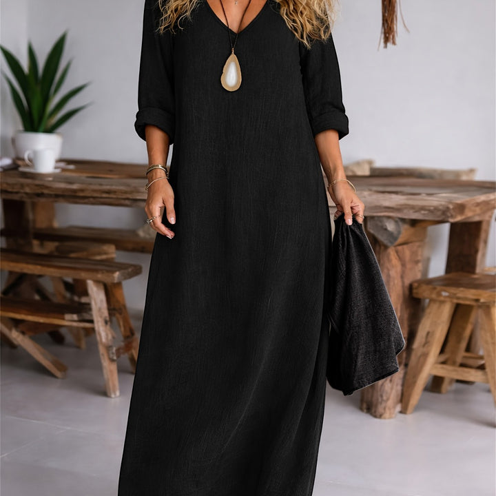 Women's V-neck Long Sleeve Solid Color Casual Loose Dress