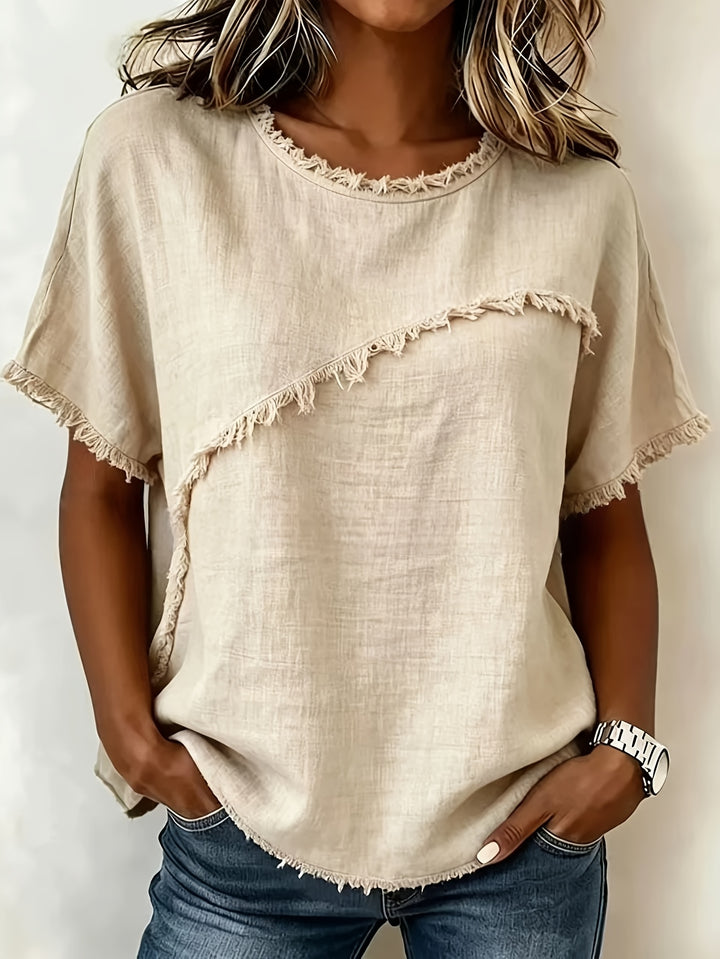 2026 Women'S Spring/Summer New Arrival: Round-Neck Short-Sleeve Fringed Patchwork -Linen Shirt