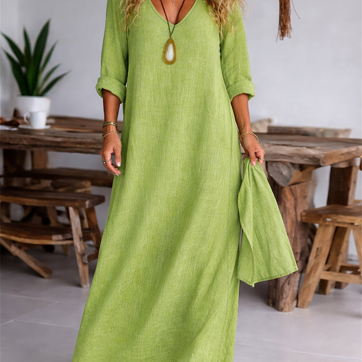 Women's V-neck Long Sleeve Solid Color Casual Loose Dress