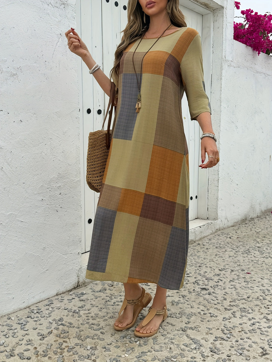 Sienna™ | Earthy Plaid Midi Dress with 3/4 Sleeves