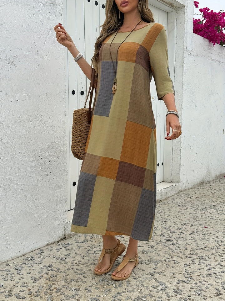 Sienna™ | Earthy Plaid Midi Dress with 3/4 Sleeves