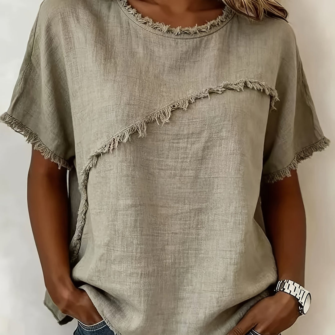 2026 Women'S Spring/Summer New Arrival: Round-Neck Short-Sleeve Fringed Patchwork -Linen Shirt