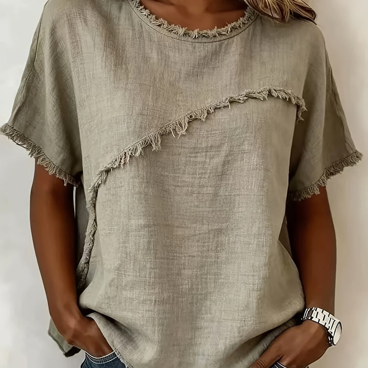 2026 Women'S Spring/Summer New Arrival: Round-Neck Short-Sleeve Fringed Patchwork -Linen Shirt