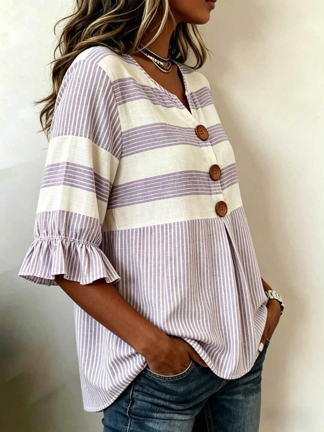 Hazel™ | Striped V-Neck Button Blouse