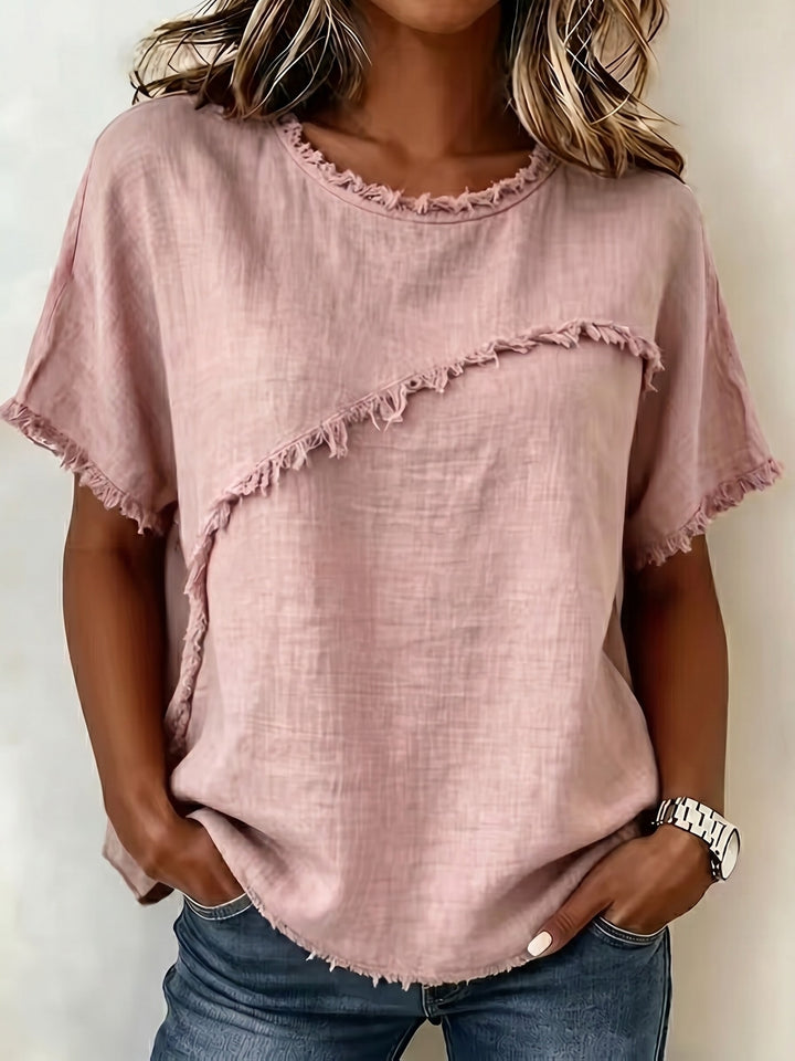 2026 Women'S Spring/Summer New Arrival: Round-Neck Short-Sleeve Fringed Patchwork -Linen Shirt