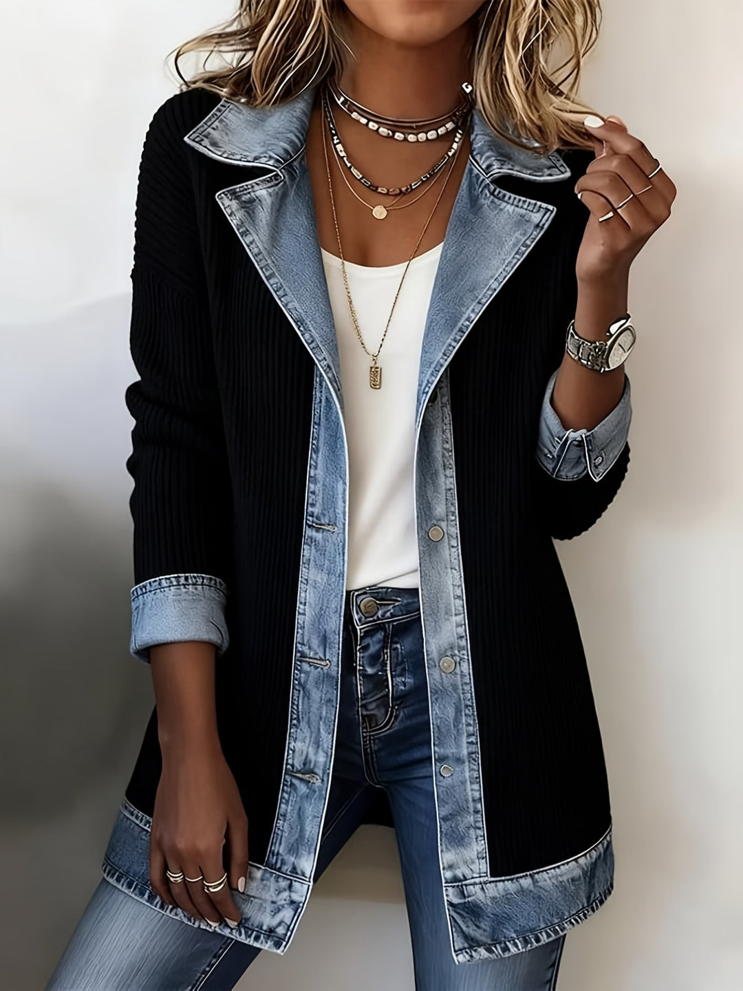 Alina™ | Denim-Trim Knit Jacket