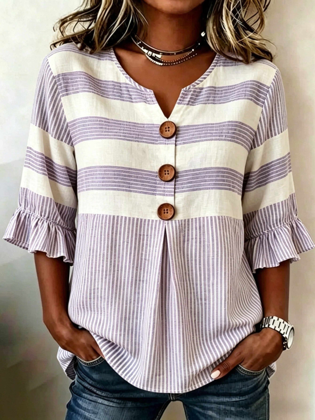 Hazel™ | Striped V-Neck Button Blouse