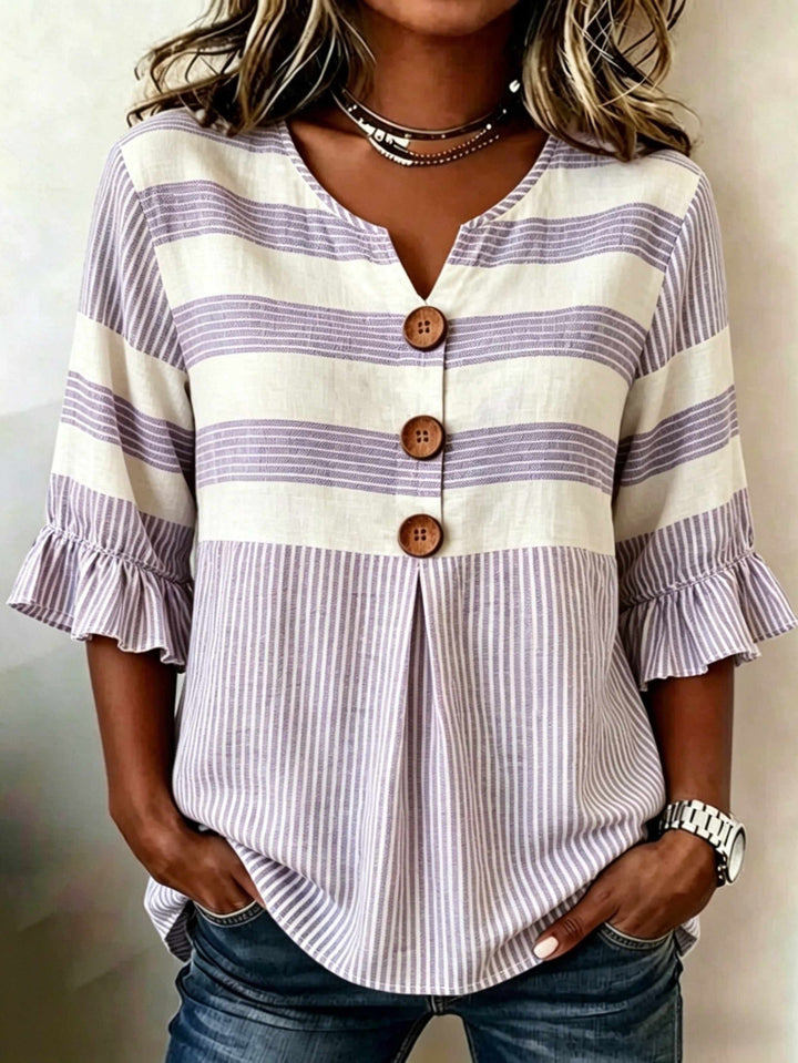 Hazel™ | Striped V-Neck Button Blouse