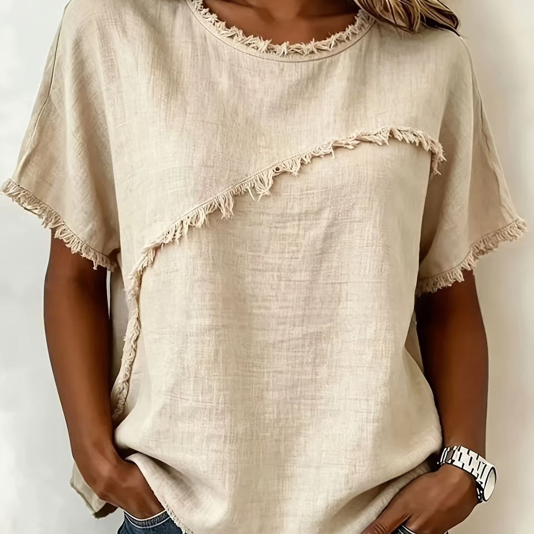 2026 Women'S Spring/Summer New Arrival: Round-Neck Short-Sleeve Fringed Patchwork -Linen Shirt