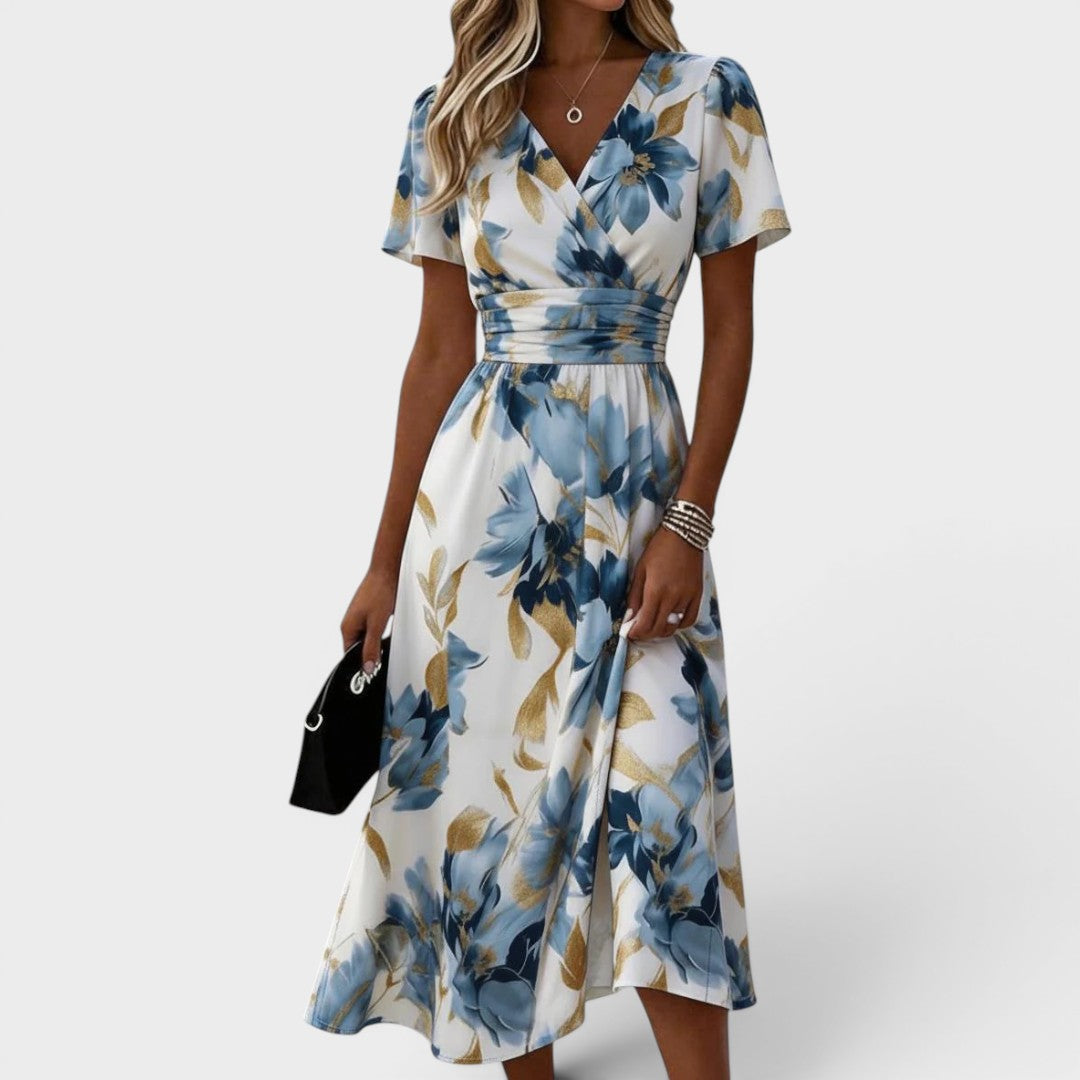 Elara™ | Floral Wrap Waist Midi Dress