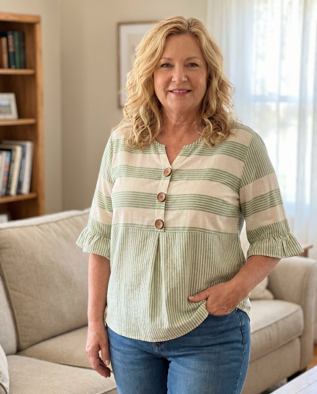 Hazel™ | Striped V-Neck Button Blouse